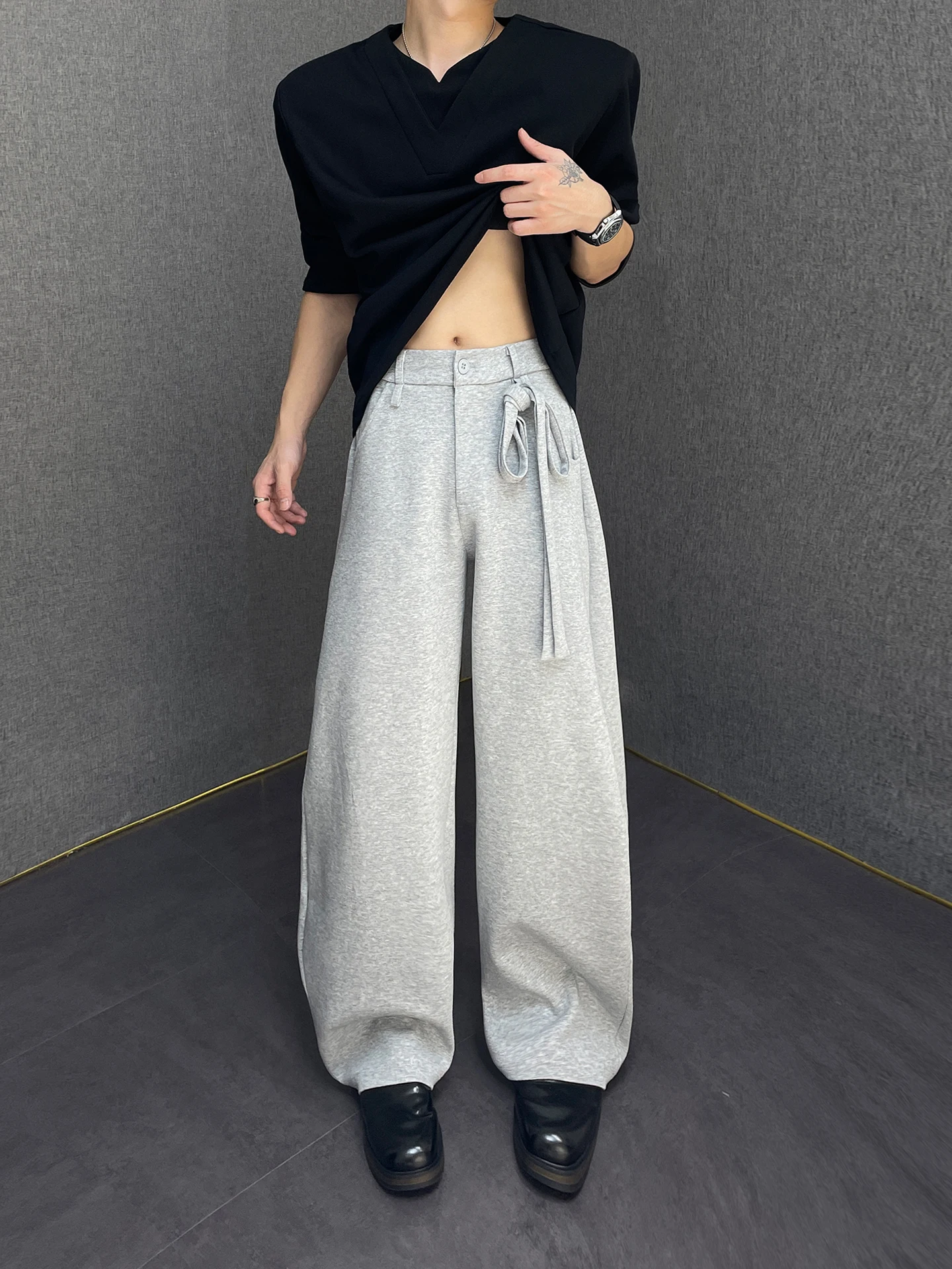 

ay Men's Casual Wide Leg Pants Knife Straight Floor-Length Trousers Simple Design Comfortable Loose Fit Polyester Fiber