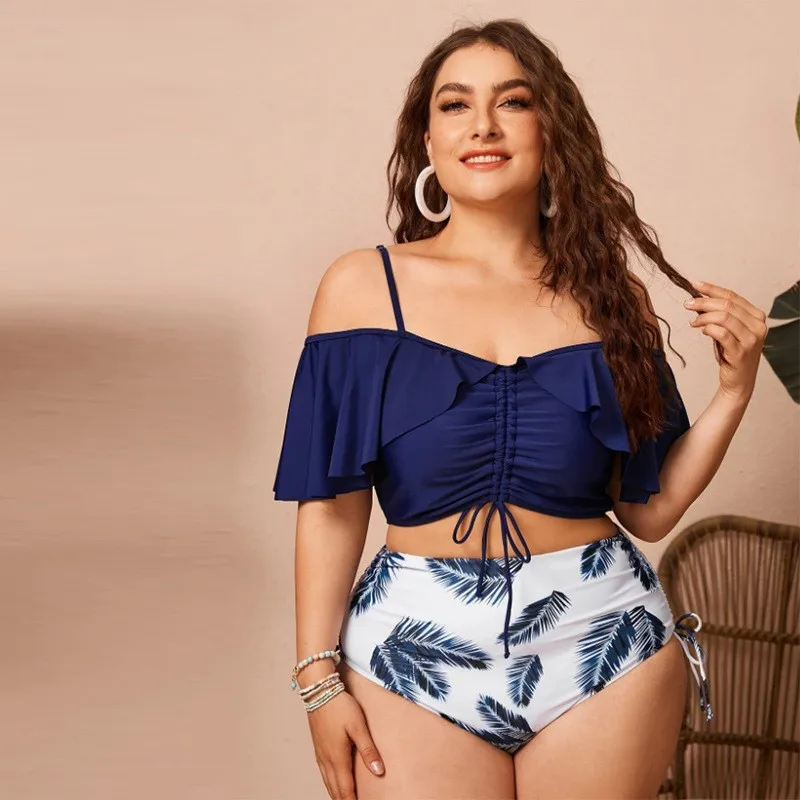 Plus Size Bikinis 2024 Women Ruffle 2-piece Swimsuit High Waist Push Up Swimwear Female Beach Wear Blue Bandage Bathing Suit 4XL