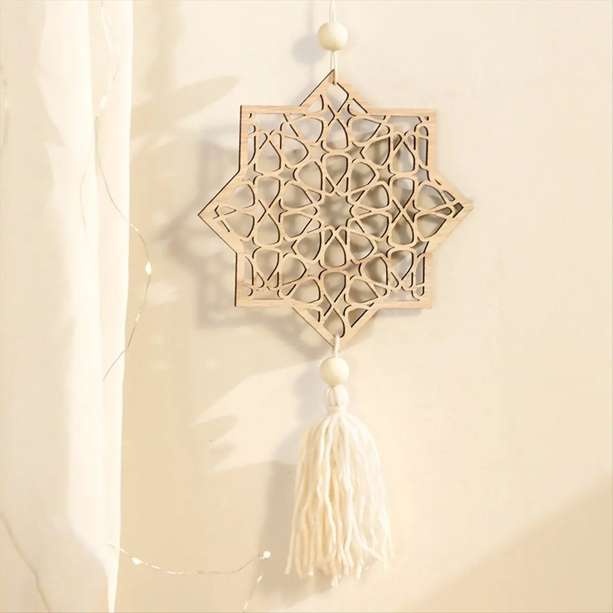 N14R Top Octagonal Star Hollow Wooden Pendant Home Bedroom Wall Decoration Hanging Rack Decoration