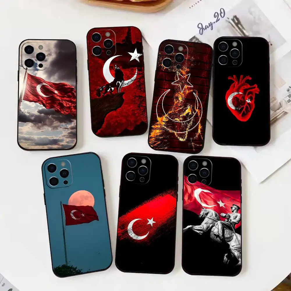 

1pc T-Turkey T-Turkish Flag Phone Case For iPhone17,16,15,14,13,12 Plus,Max Soft Silicone Black Cover
