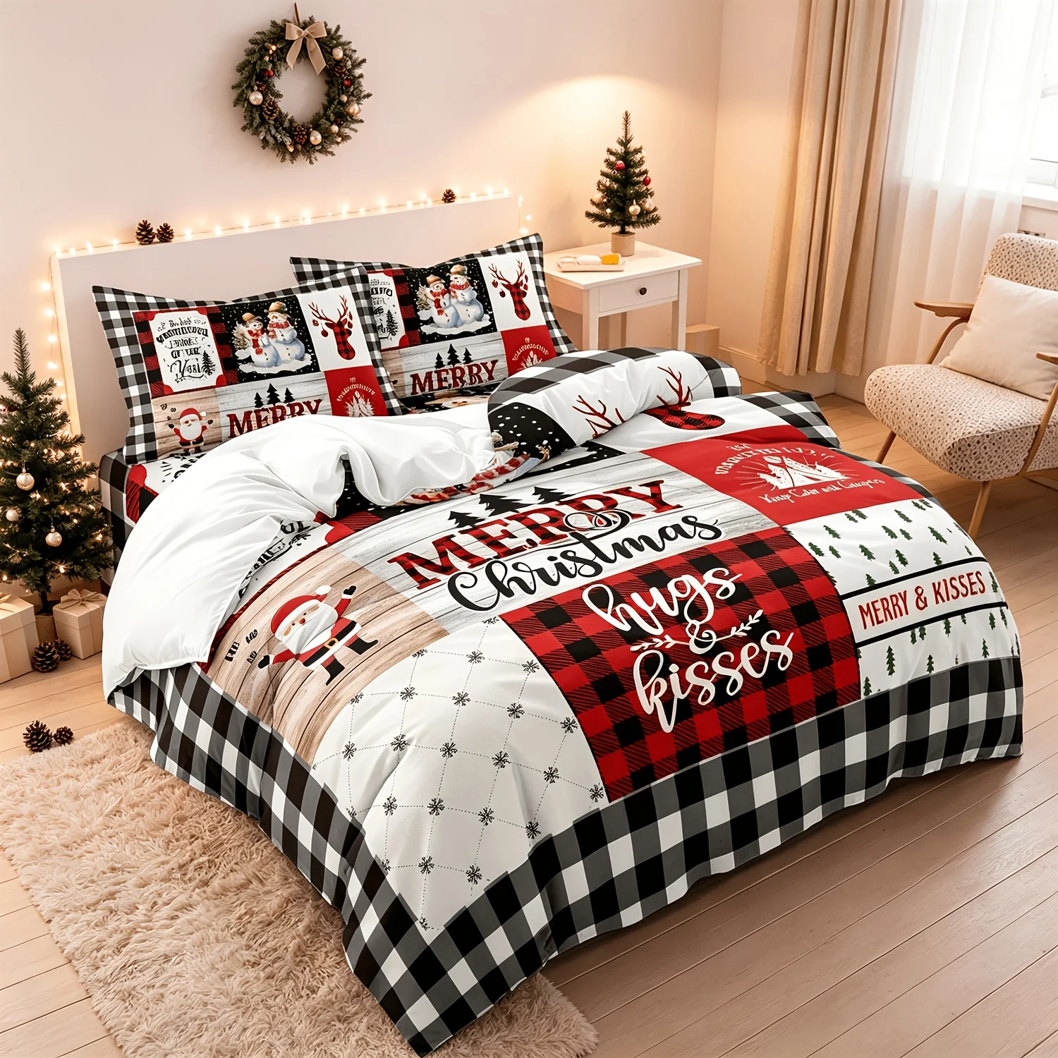 [Christmas Gift] 3-Piece Reindeer, Snowman, and Geometric Plaid Duvet Set, Includes 1 Duvet Cover and 2 Pillowcases, Invisible Zipper Double Bed Cover, Suitable for Home, Dormitory, Master Bedroom, Guest Room, Cartoon Dreamy Rainbow Cloud Print, Large Duvet Cover Bedding Set, Fresh Floral and Heart Pattern Bedding, Hot-Selling Ins-Style Bedding Three-Piece Set, Soft and Skin-Friendly Bedroom Bed Cover Set, Girly Unicorn Bedding, Home Bedding