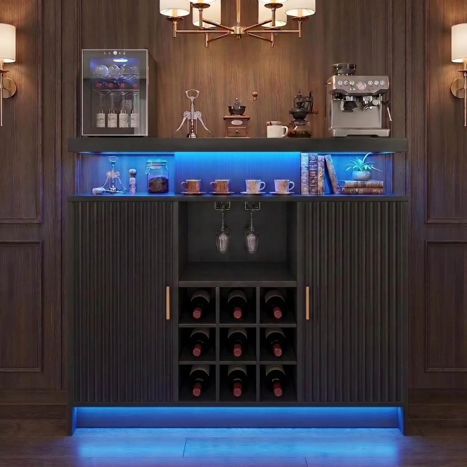 Coffee Bar Cabinet, Wine Storage with Power Outlet & LED Lights, Black