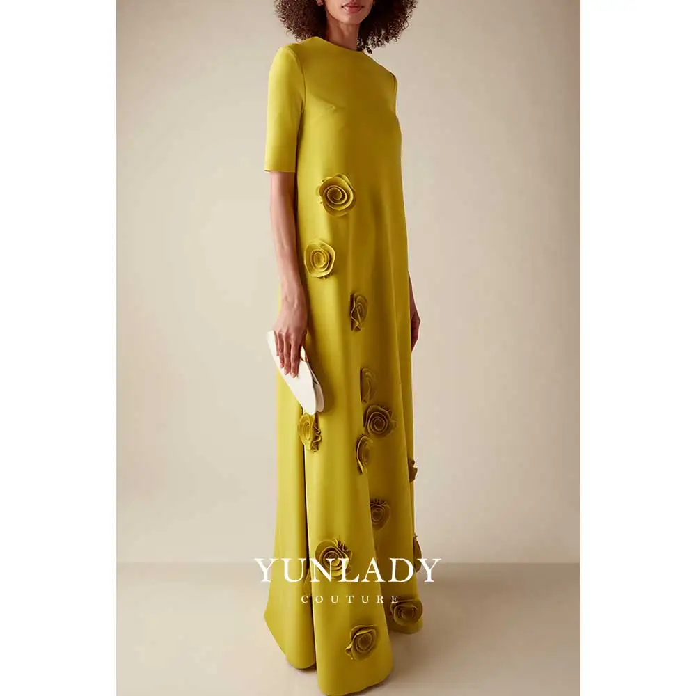 

YUNLAN Custom Chartreuse Short Sleeve 3D Floral Applique Maxi Dress Ball Gown Women Summer Elegant Party Evening Dress