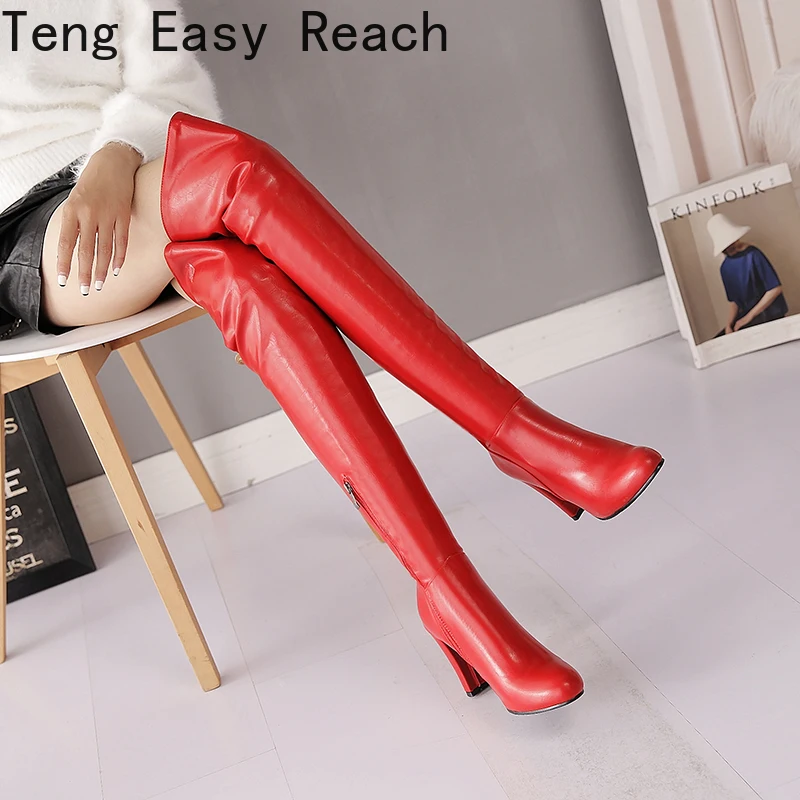 Round Head Ultra High Profile Square Heel Thick Plush Lining Winter Long Boots With Pearl Zipper Women's Over The Knee Boots