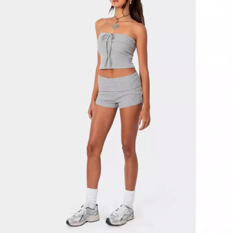 

Solid Color Casual Lace-up Tube Top Shorts Suit Two-piece Spring 2025 Women's Sports Suit