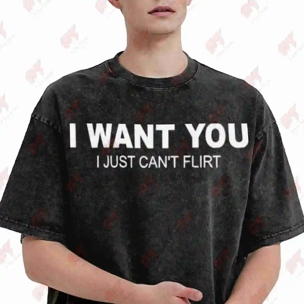 On Back I Want You Just Can't Flirt Vintage Washed Tee Pure Cotton T-Shirt