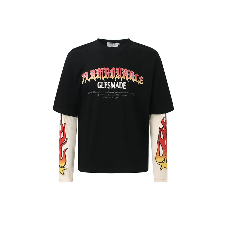 Men Fashion High Street Oversized Hip Hop T Shirt Flame Printed Y2K Style Long Sleeve Tees Streetwear Painted Tops Fake 2 Piece