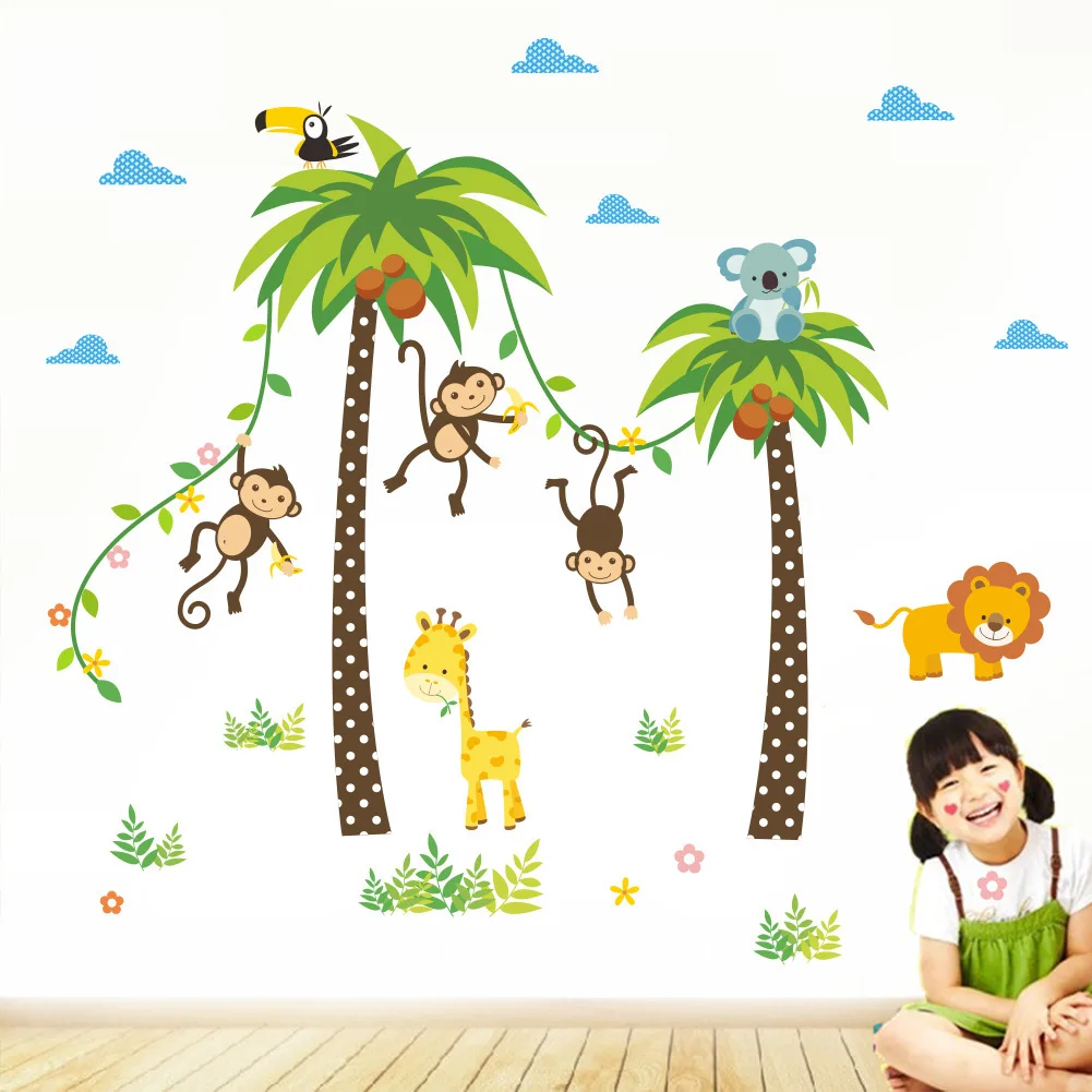 Cartoon Jungle Woodland Animals Wall Decals Wall Stickers for Boys Girls Baby Nursery Kids Bedroom Living Room Classroom Decor