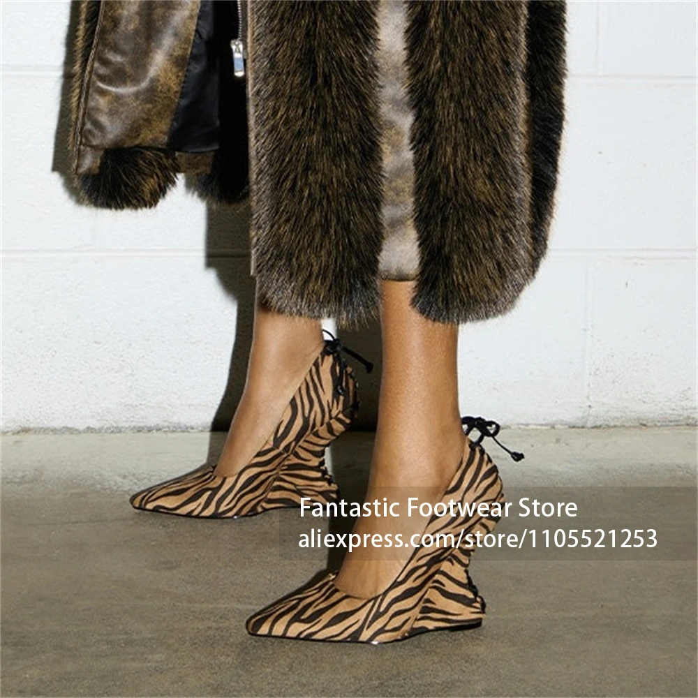Back Drawstring Lace Up Pumps Zebra Print Suede Upper Slip On High Heel Pumps Sharp Pointed Toe Animal Print Wedge Heel Pumps