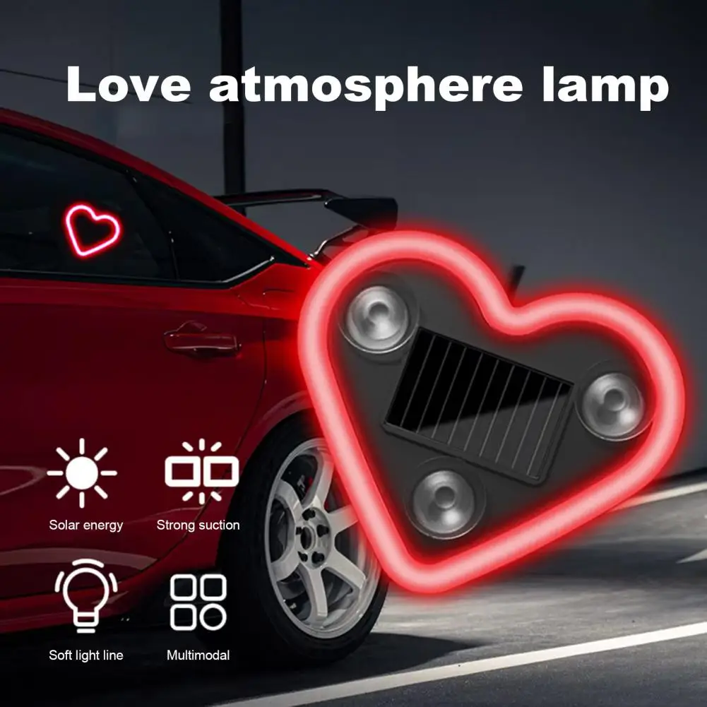 Solar Heart Shaped LED Car Light for Triangle Window Wireless Decorative Neon Lamp Suction Cup Mount Ambient Car Lighting