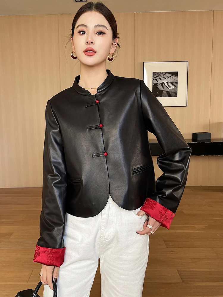 

Retro Simple Short Real Sheepskin Coat for Women 2024 New Trend Contrast Lining Design Single Breasted Genuine Leather Jacket