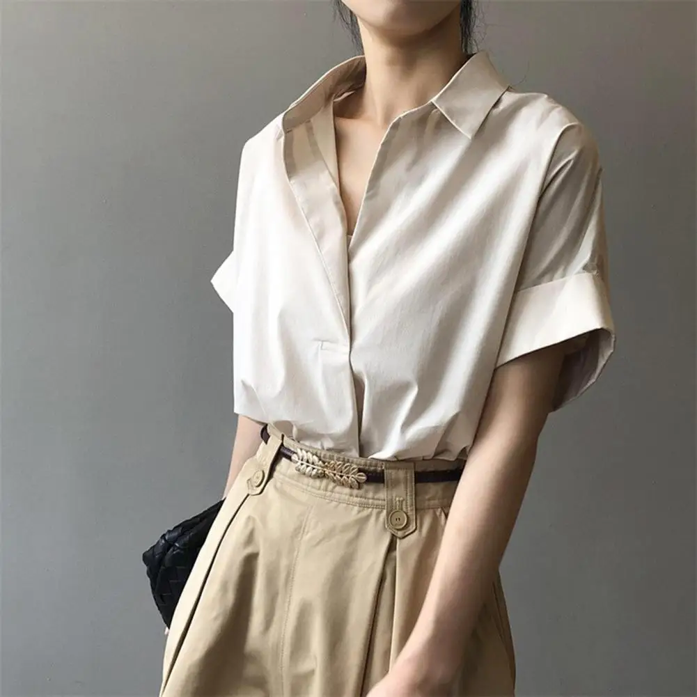 Women Summer Shirt Lapel Short Sleeve Pullover Tops Loose Fit Thin Office Lady Shirt Women Short Sleeve Shirts 80%