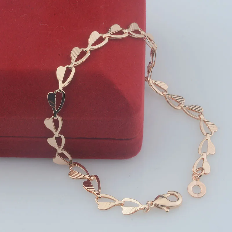 6mm Women Half Carving Heart Necklace 585 Rose Gold Color Link Bracelet Chains Set Jewelry