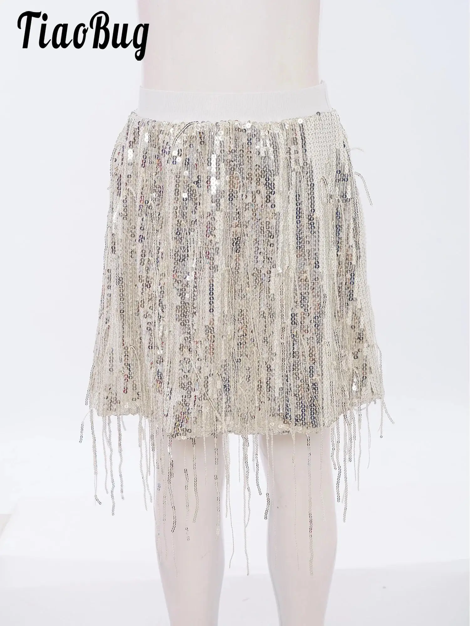 

Kids Girls Sparkling Sequin Tassel Skirt Elastic Waistband Party Skirts for Party Dancing Stage Performance Costumes 3Y-11Y