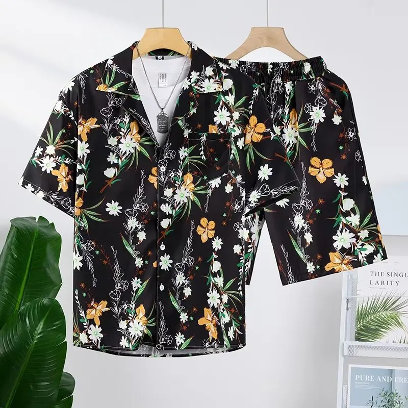 Ensemble deux pièces confortable imprimé 3D motif fleurs et plantes style peinture à l'encre : Chemise à manches courtes à col rabattable et short
