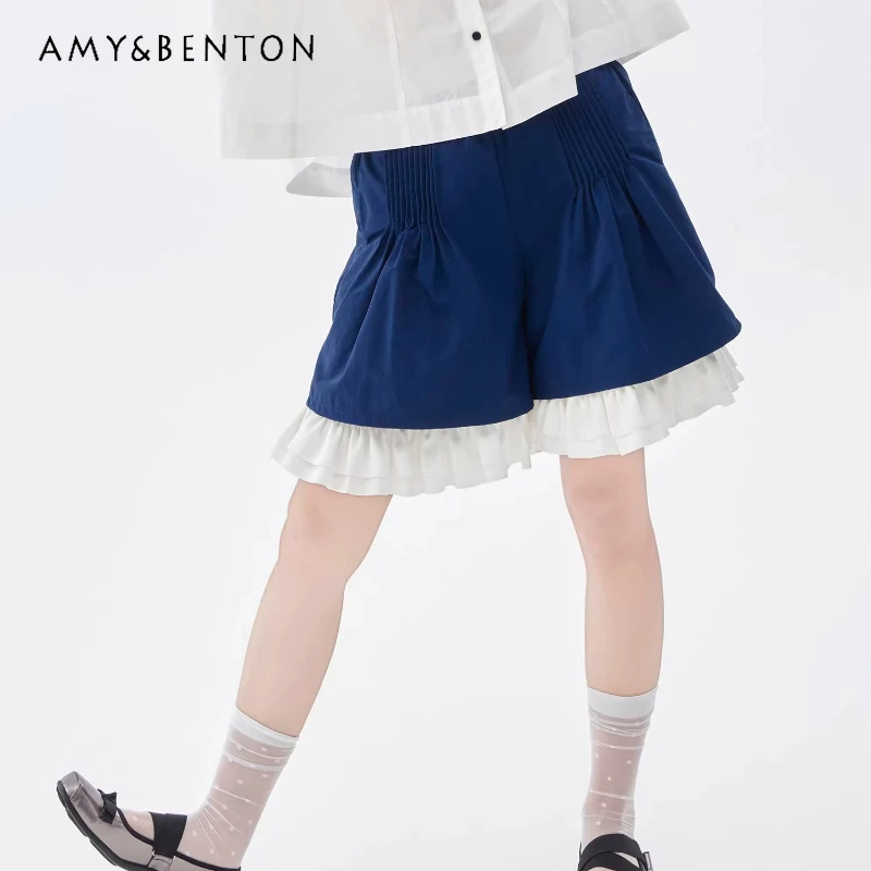 

Женские шорты в японском стиле с сине-белыми вставками, весна-лето 2026, с высокой талией, свободного кроя, А-силуэт, стройнящие, универсальные