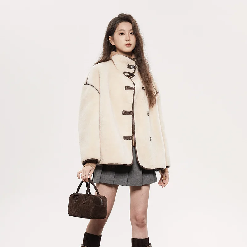 White Lamb Wool Coat Female 23ss Fall and Winter Models Korean Version of The Fur Integration Stand-up Collar Warm Short Jacket