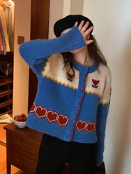 Jmprs Retro Floral Women Cardigan Sweaters Casual Love Sweet Knitted Jacket Fall Korean Vintage Long Sleeve O Neck Design Tops