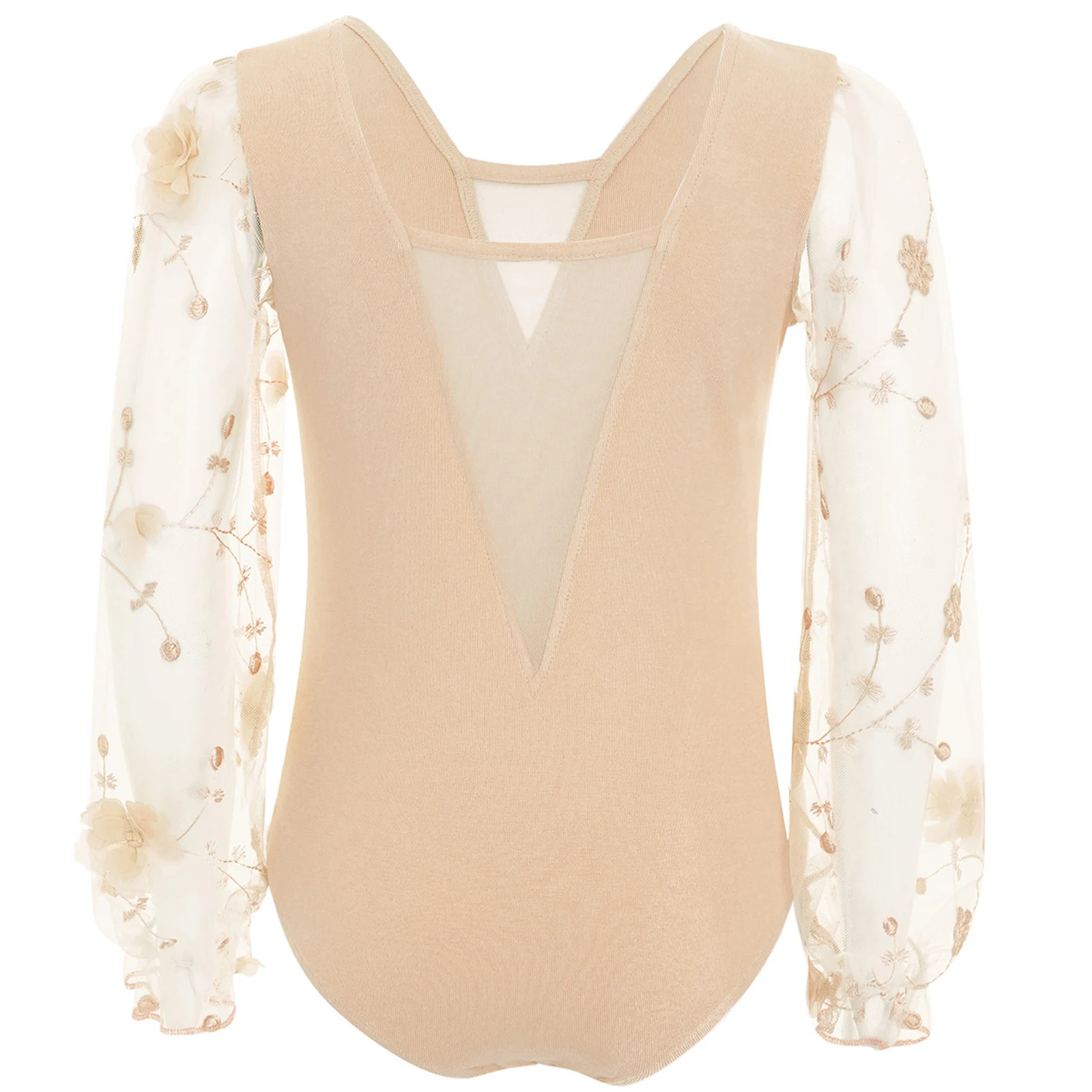 Justaucorps de danse à fleurs 3D pour enfants filles, Costume de spectacle, col en v brodé, maille transparente, manches longues bouffantes, justaucorps de Ballet