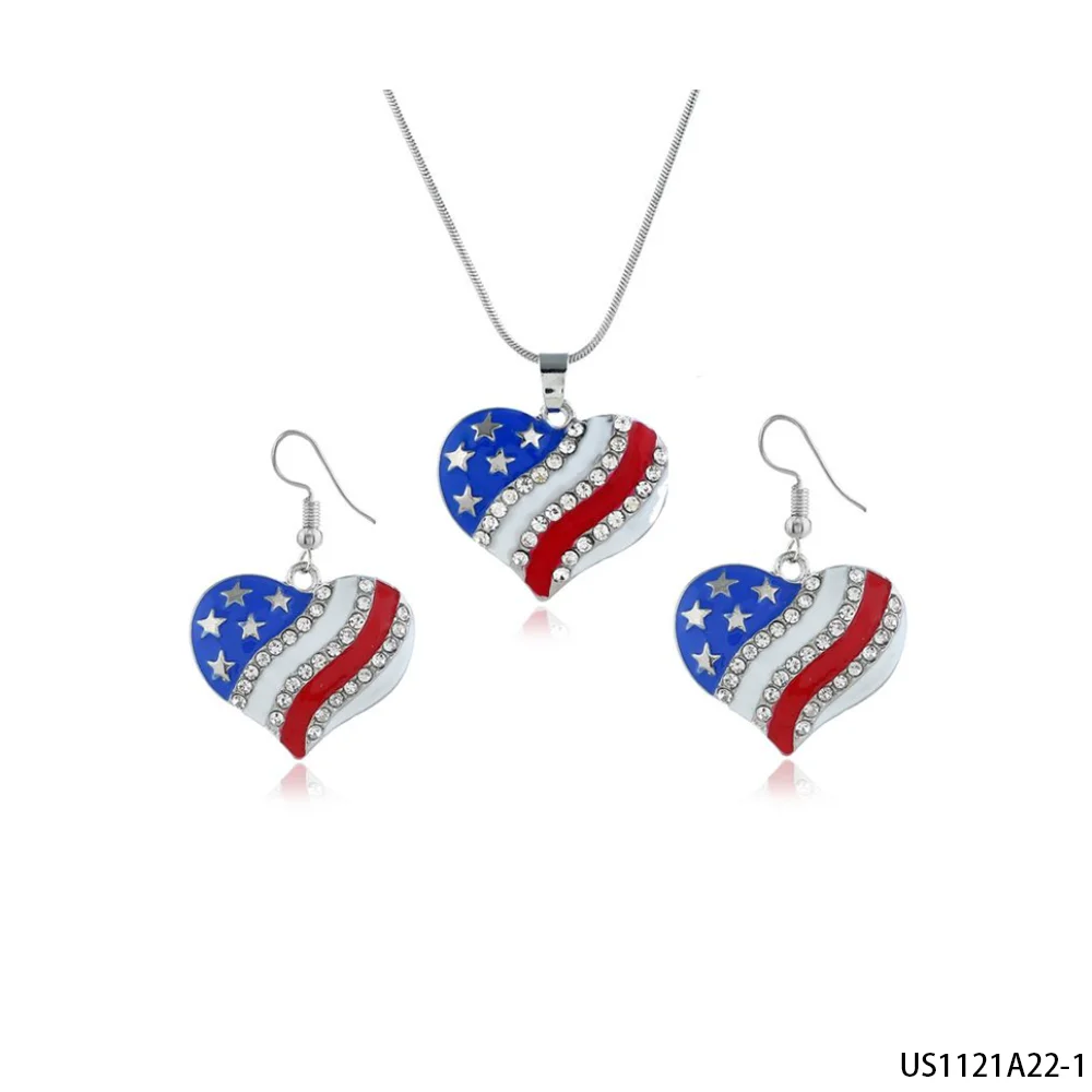 PESENAR Independence Day Flag Heart-shaped Earring Necklace Set, Exquisite Set Design Accessories. Perfect for Cosplay