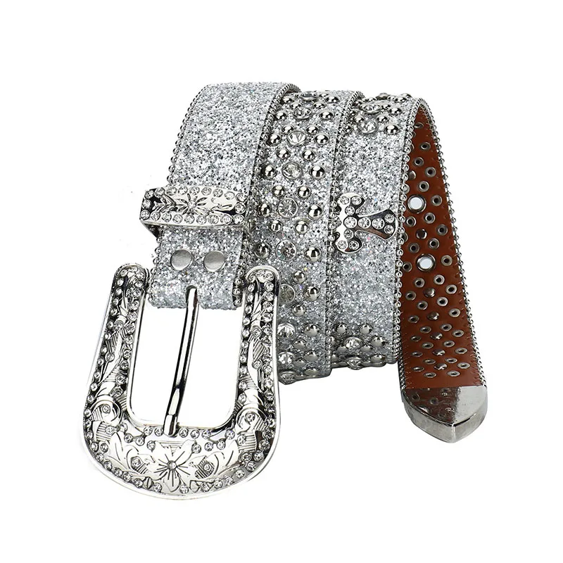 men's luxury fashion diamond studded belt pin buckle rhinestone belts women designer rivets waistband soft leather strapon leash