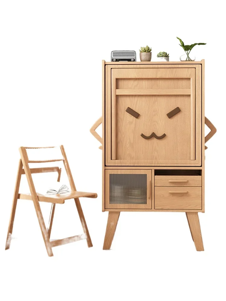 Household small apartment retractable dining table solid wood rectangular eating table dining side cabinet integrated folding