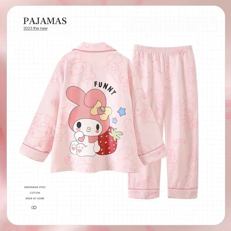 Sanrio My Melody Long Sleeved Pajamas Set Cartoon Anime Character Kuromi Pattern Student Kawaii Lapel Home Dormitory Clothes