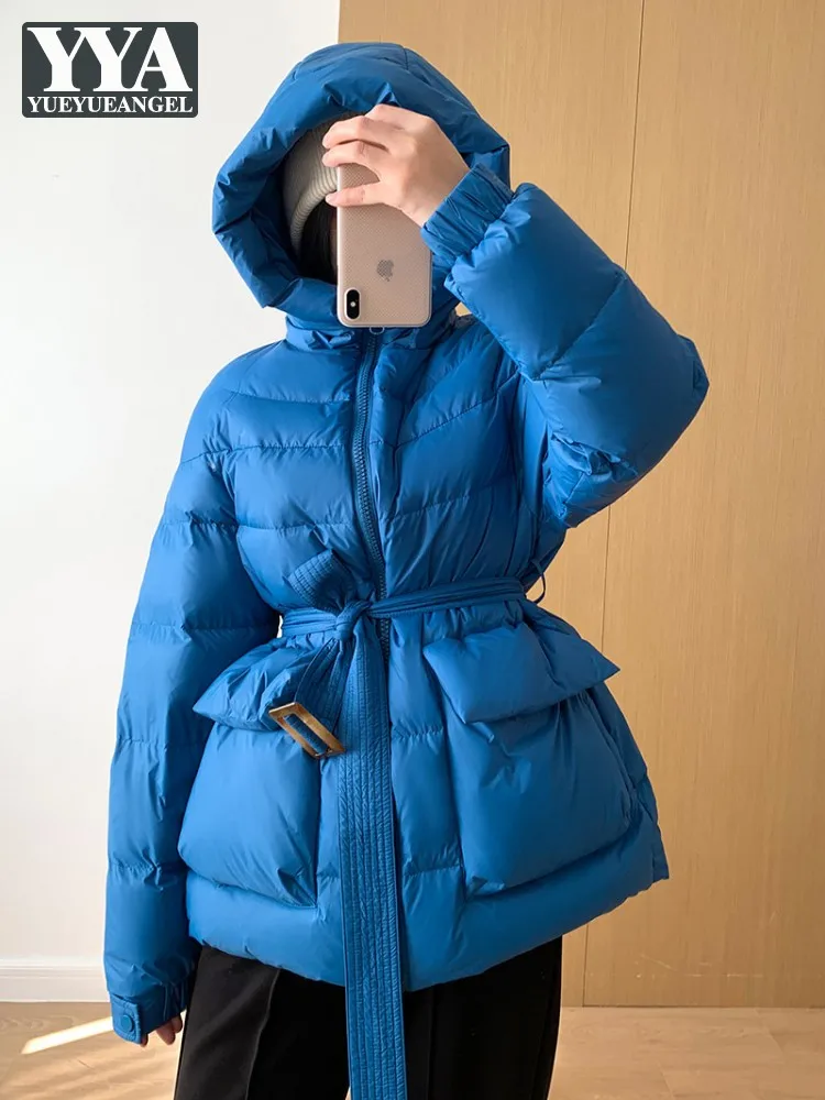 

Women New Winter Down Coat Solid Color Warm Loose Fit Belt Stand Collar Fashion Windproof Outerwear Warm Casual Hooded Jacket