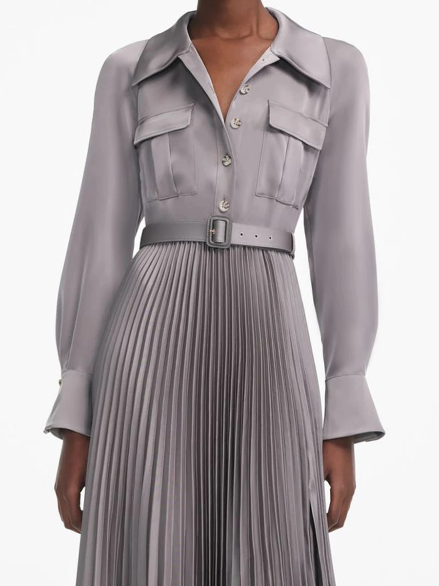 VGH sólido elegante draoed vestidos de satén para mujeres Lape manga larga cintura alta empalmado cinturón temperamento vestido mujer moda nueva