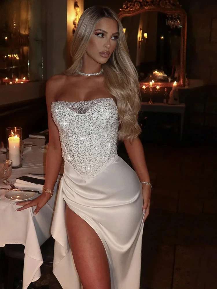 

Shiny Stunning Women 2 Piece Set Fashion Sexy Sequins Patchwork Crop Tanks+Solid Pleated Split Maxi Skirts Party Outfits