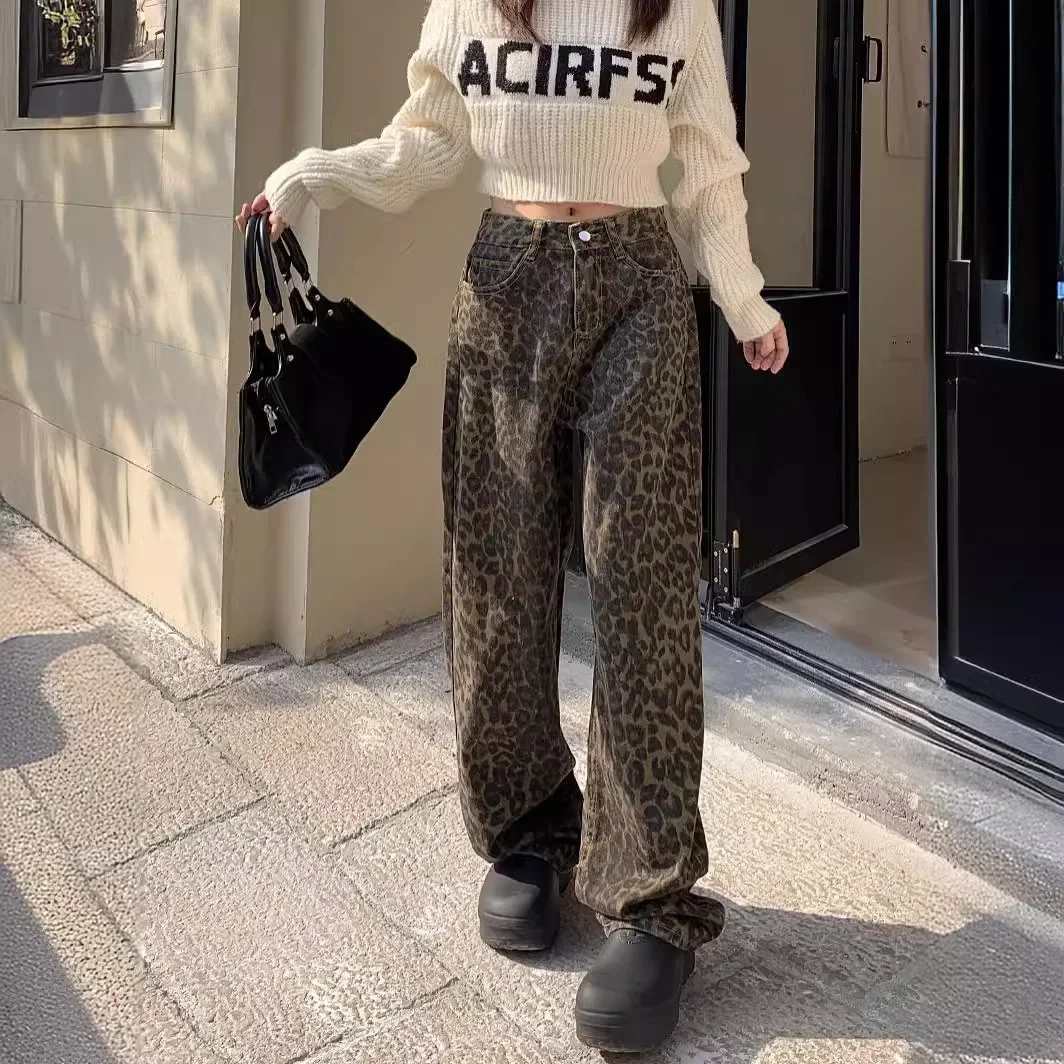 Rozciągliwe dżinsy z szerokimi nogawkami Spodnie damskie Vintage Leopard Print Jeans dla kobiet Spodnie sprane Spodnie Streetwear Jeans