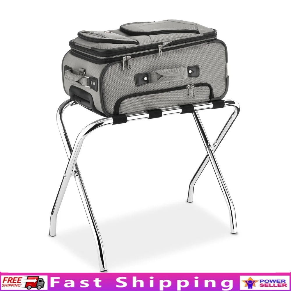 

Heavy Duty Chrome Metal Folding Luggage Rack with Canvas Straps Travel Storage Space Saving Design Compact Easy Clean