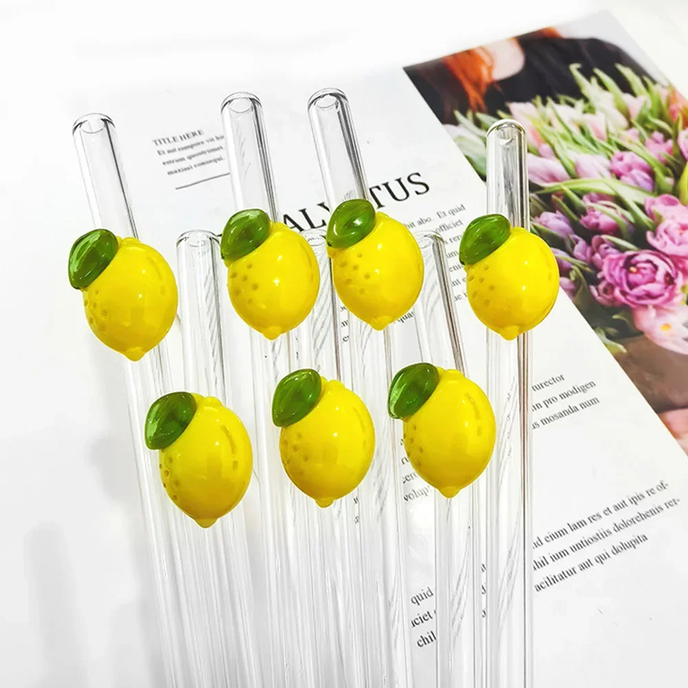 5Pcs Reusable Glass Straws Decorative with Lemon Shape Smoothie Cocktails Straw Kitchen Accessories Home Party Drinkware