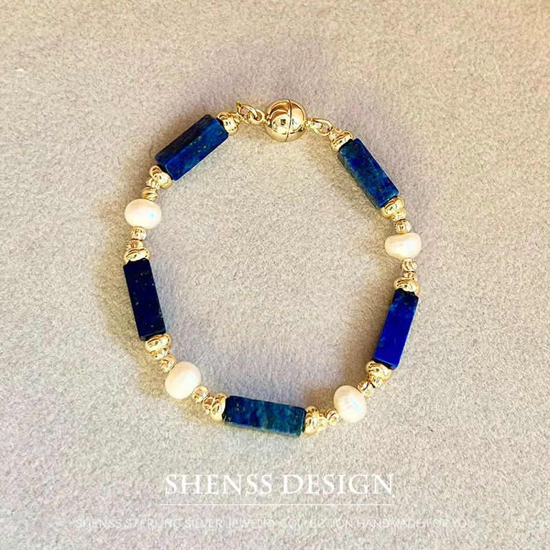 Exclusive Design Personalized Natural Freshwater Pearl Lapis lazuli Bracelet Copper Plated 14k Gold Accessorie