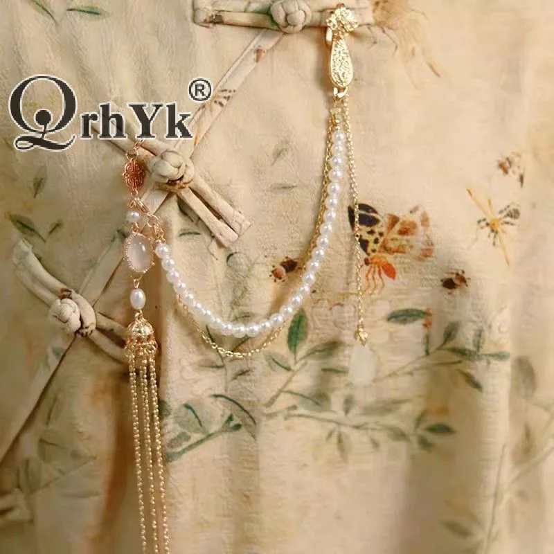 Imitation Pearl Women Hanfu Ornament Fashion Jewelry Long Hanging Tassel Cheongsam Accessories Alloy Cheongsam Pressed Lapel