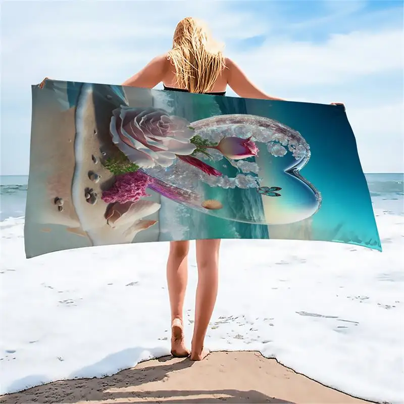 1PC Luxury Rose Heart Beach Towel Quick Dry Absorbent Essential Beach Vacation Bath Towel