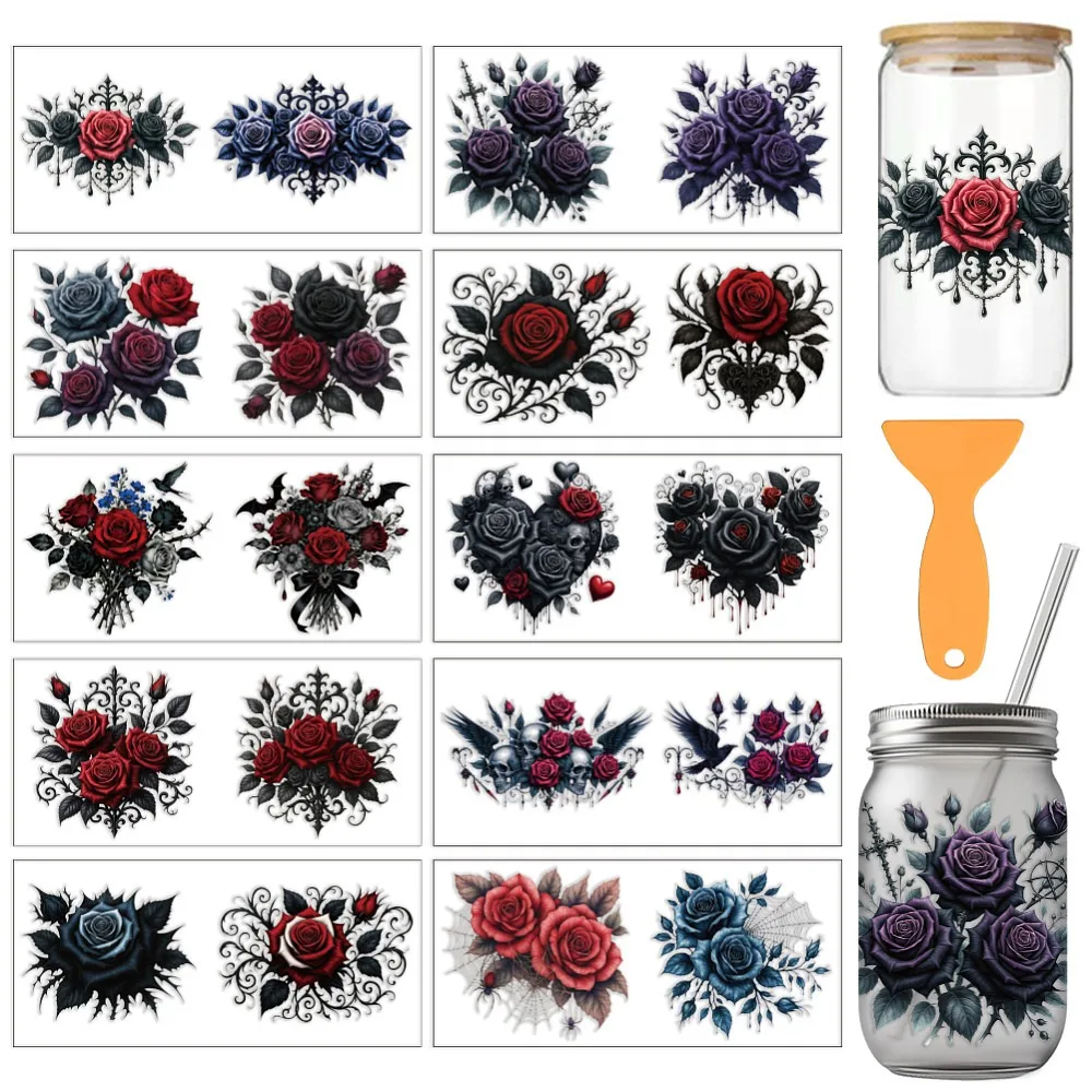 10Pcs 10 Styles PVC DIY Heat Transfer Paper for UV Sublimation Cup June Rose 240x110mm 1pc/style