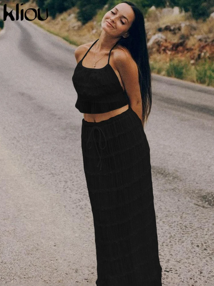 kliou Mesh Shirring Women 2 Piece Set Solid Unique Halter Backless Tanks+Matching Maxi Skirts Female Holiday Beach Outfits New