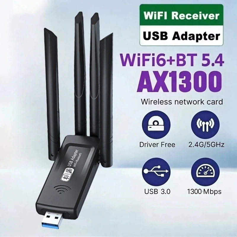 1300Mbps WiFi Network Card 2.4G/5Ghz WiFi6 Bluetooth 5.4 Dongle AX1300 USB 4 Antenna Wireless Receiver for PC Laptop view 5