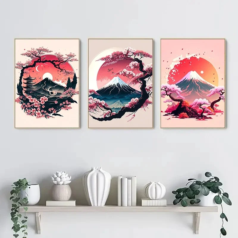3pcs Frameless Japanese Natural Landscape Canvas Painting Black and Red Posters Vintage Ink Art Wall Prints for Living Room Home