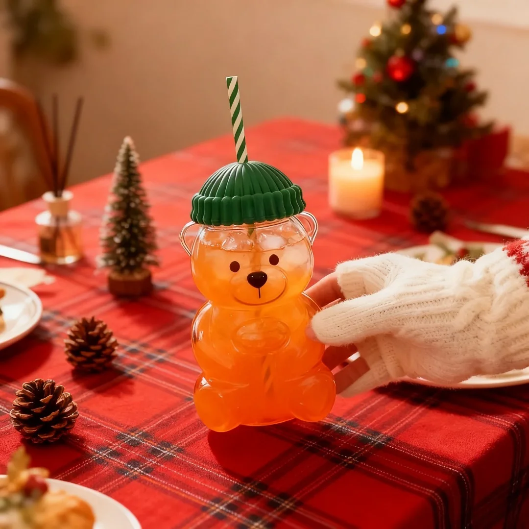 

Glass Cute Bear Cup Bear Transparent Glass Bottle 2025 New Cute Animal Beverage Cup with Green Lid Holiday Gift