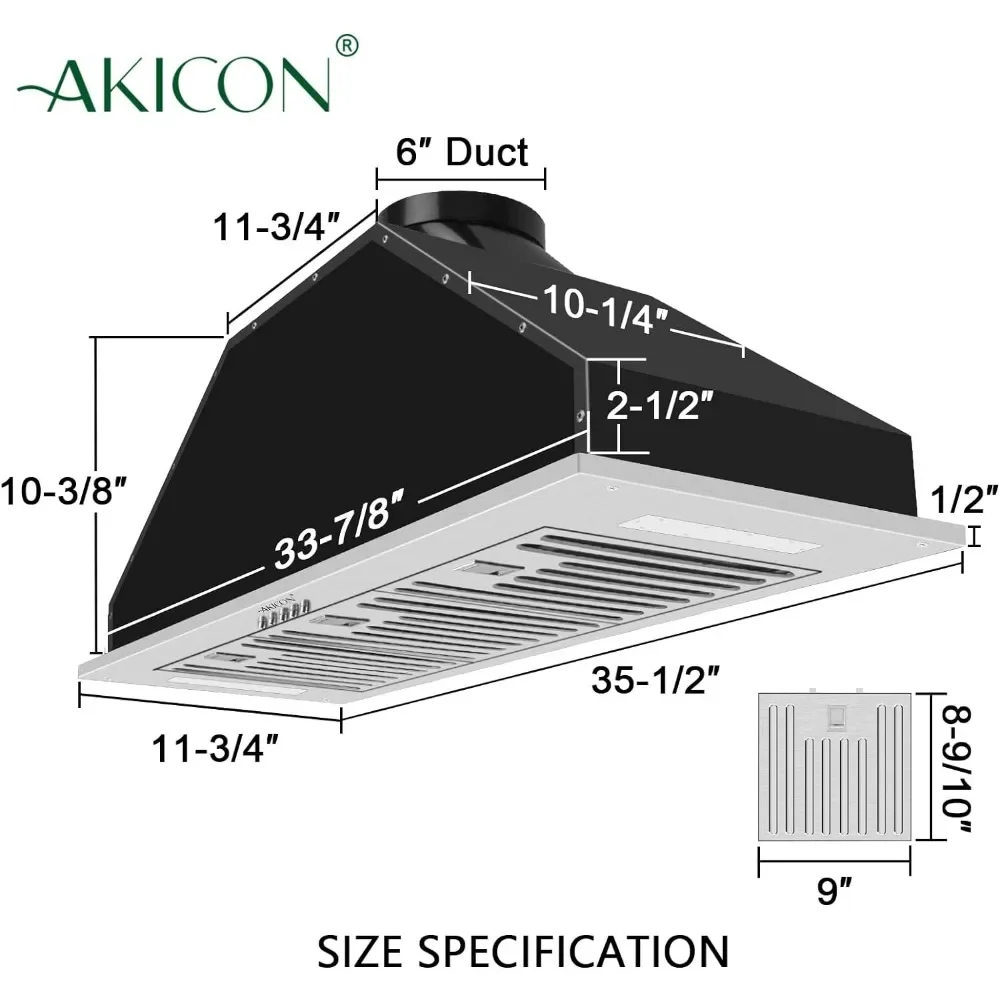 Ultra Quiet Vent Hood com luzes LED, poderoso aço inoxidável, Akicon, 3 velocidades, 600 CFM