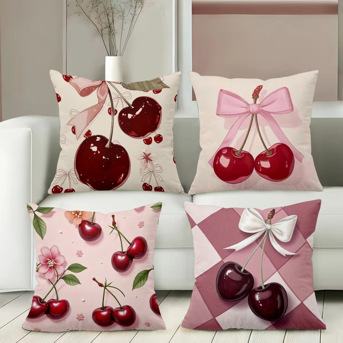 Cherry Patterned Cushions Pink Bow Decor Home Accent Polyester pillowcase, sofa decorative cushion cov Headboard Pillow