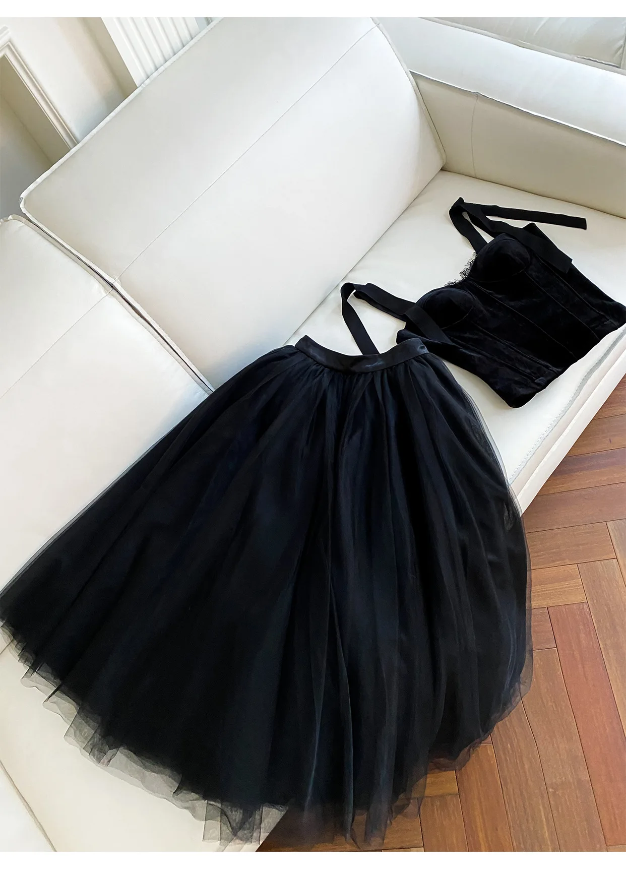 lingzhiwu Black Skirt Set Luxury Formal Dresses French Designer Spaghetti Strap Top Skirt Suit Puff Skirts Twinset New Arrive