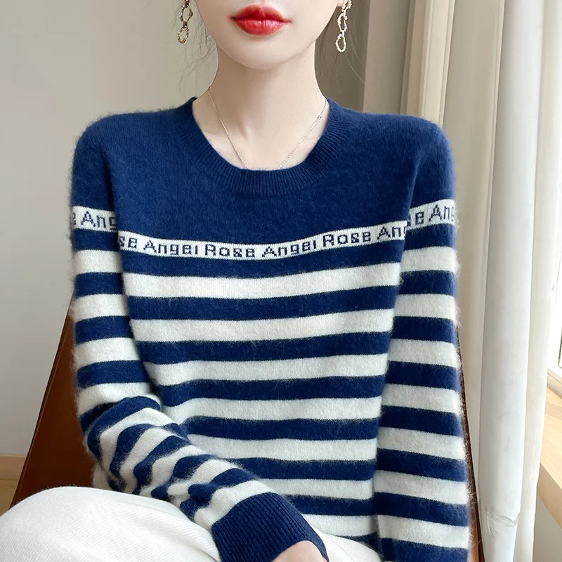 100% Merino Wool Pullover Women's Fashion Letter Sweater Autumn/Winter Warm Cashmere Sweater Soft Long Sleeve Knitted Top