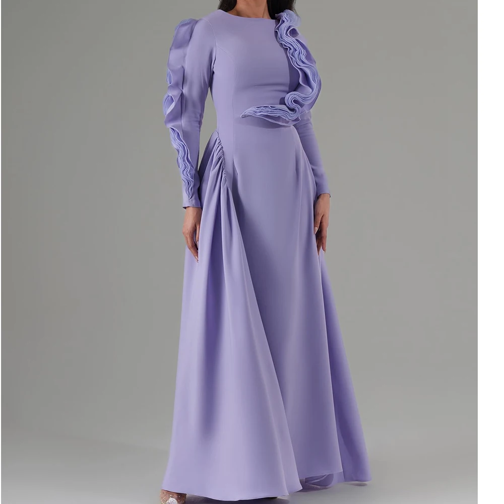 Customized ExquisitePleat Crew Neck Floor Length Celebrity Gowns A-Line Jersey Long Sleeves Draped Girdling Vestidos Para Mujer