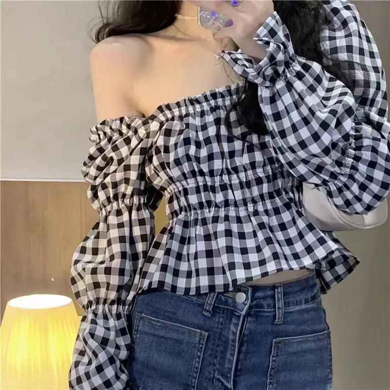 Lantern Sleeves Elastic Square Collar Checkered Long Sleeved French Shirt Women\'s Spring and Autumn Retro Top