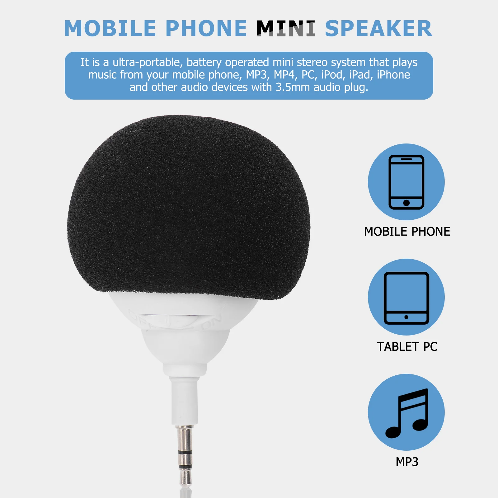 

Blue Mini Stereo Sponge Balloon Style Portable 3.5mm Audio Dock Speaker Player Rechargeable Lasts 6 Hours for Smartphone