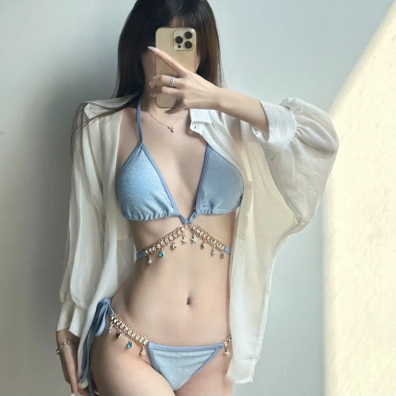 Women's swimsuit with fishbone chain, pure desire style, strapless triangle bikini, three-piece styleins Sexy vacation swimwear