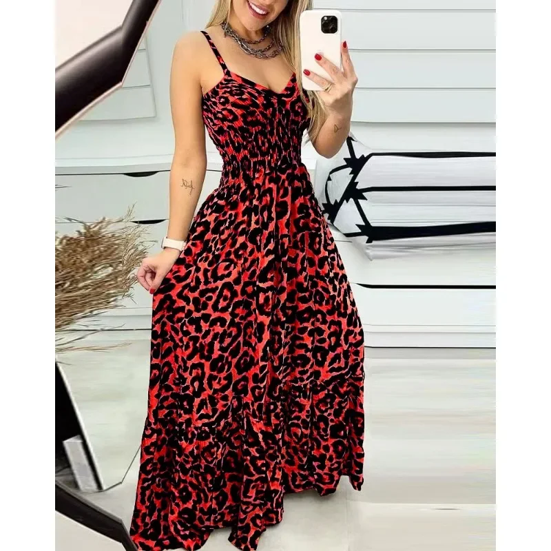 Abito estivo moda Sexy senza maniche MaxiLeopard Print Camis Dress donna scollo a v Brace elasticità abito lungo a vita alta